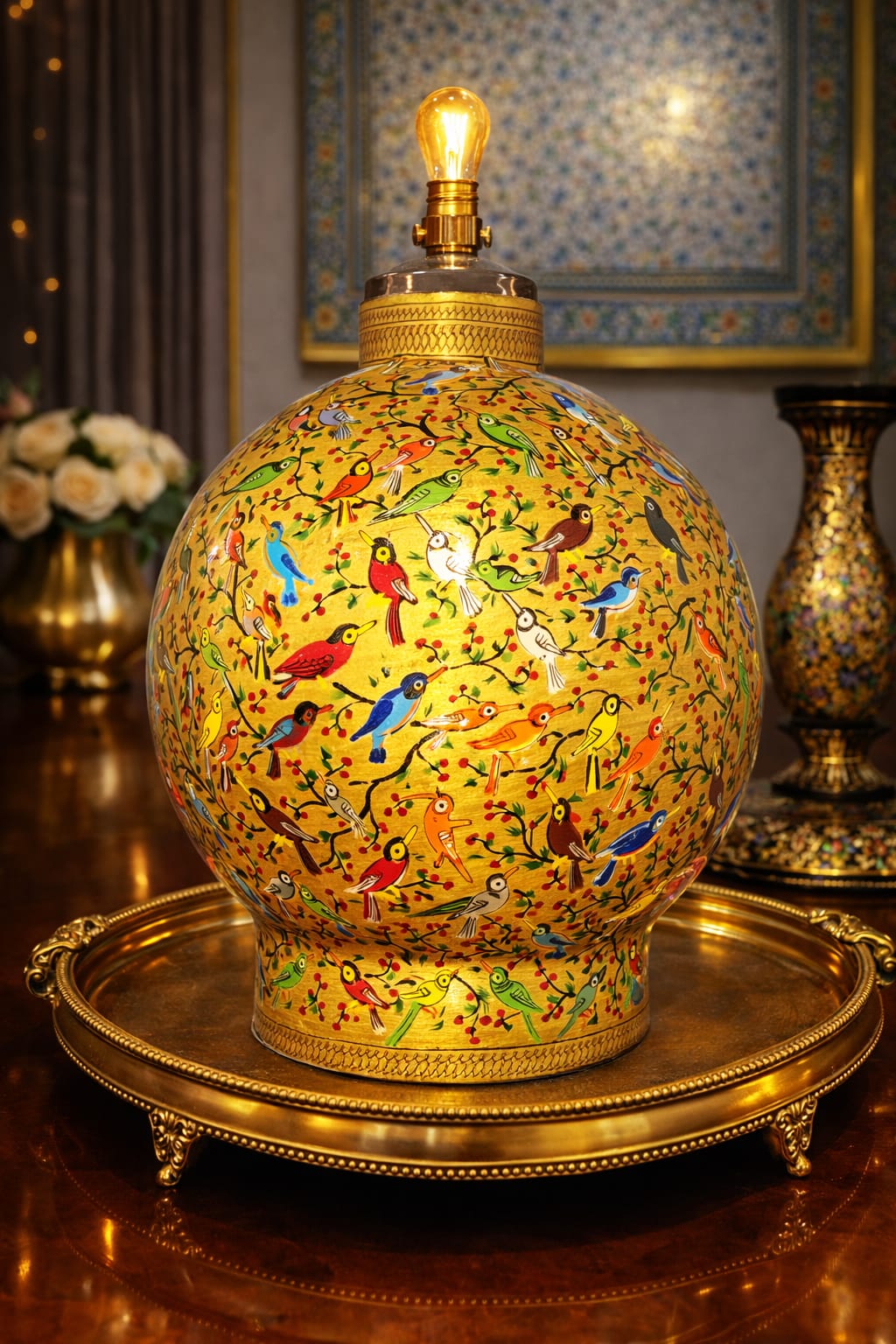 Antique Table Lamp with kashmiri floral art, handmade - hand painted paper mache table lamp